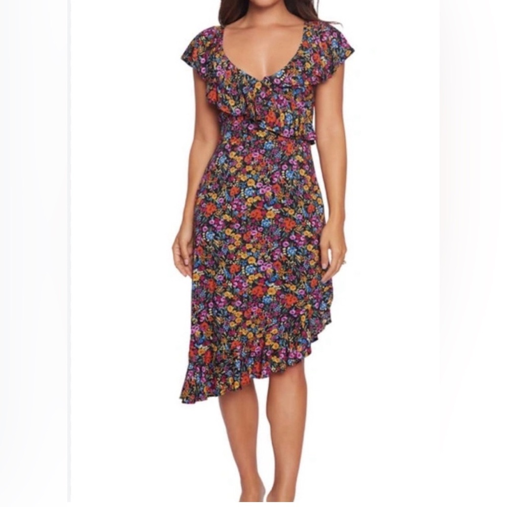 Lost + Wander Black Floral Ruffle Midi Dress